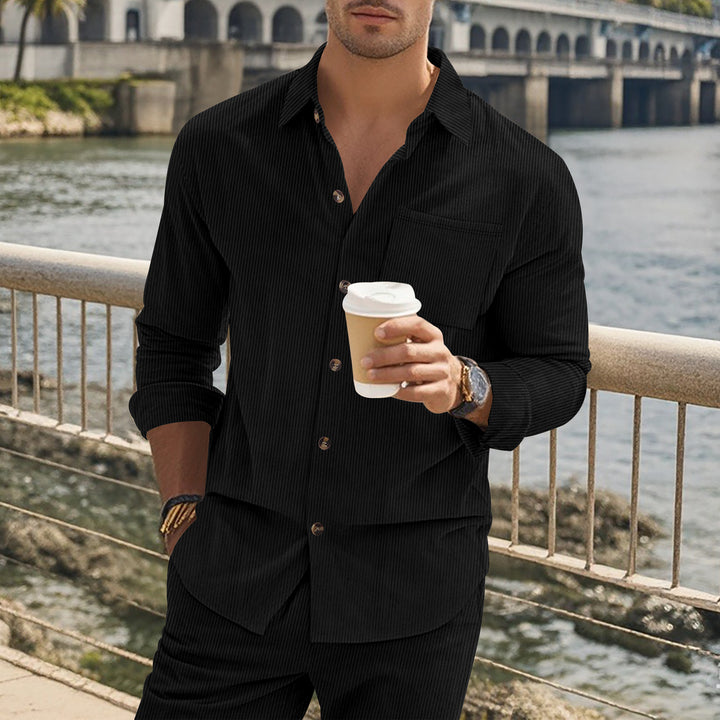 Herren gestreiftes Langarmshirt mit modischem Stehkragen und praktischer Brusttasche Drune