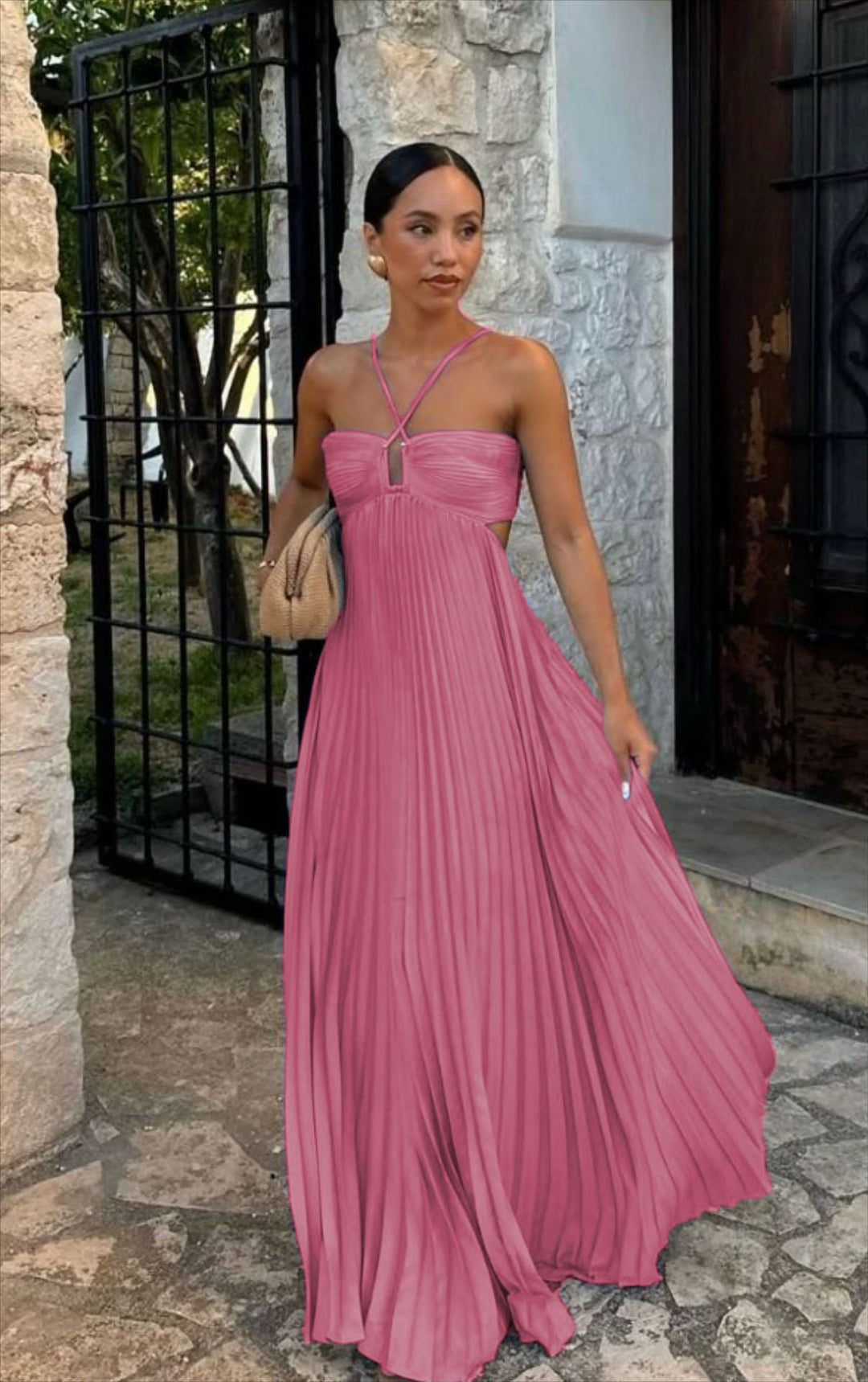 Damen Plisseekleid mit schulterfreiem Design und raffinierten Trägerdetails Drune