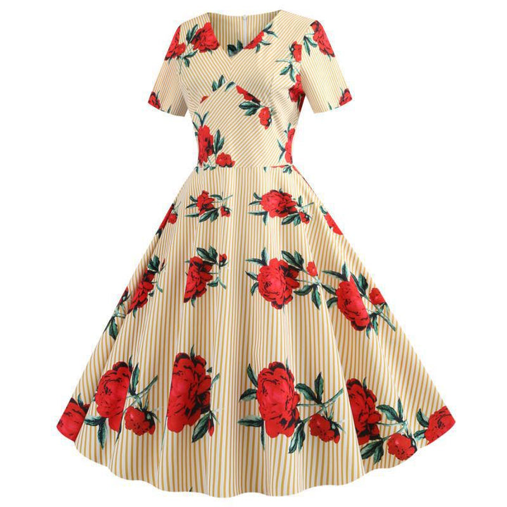 Damen Swingkleid mit floralem Druck und elegantem V-Ausschnitt Drune
