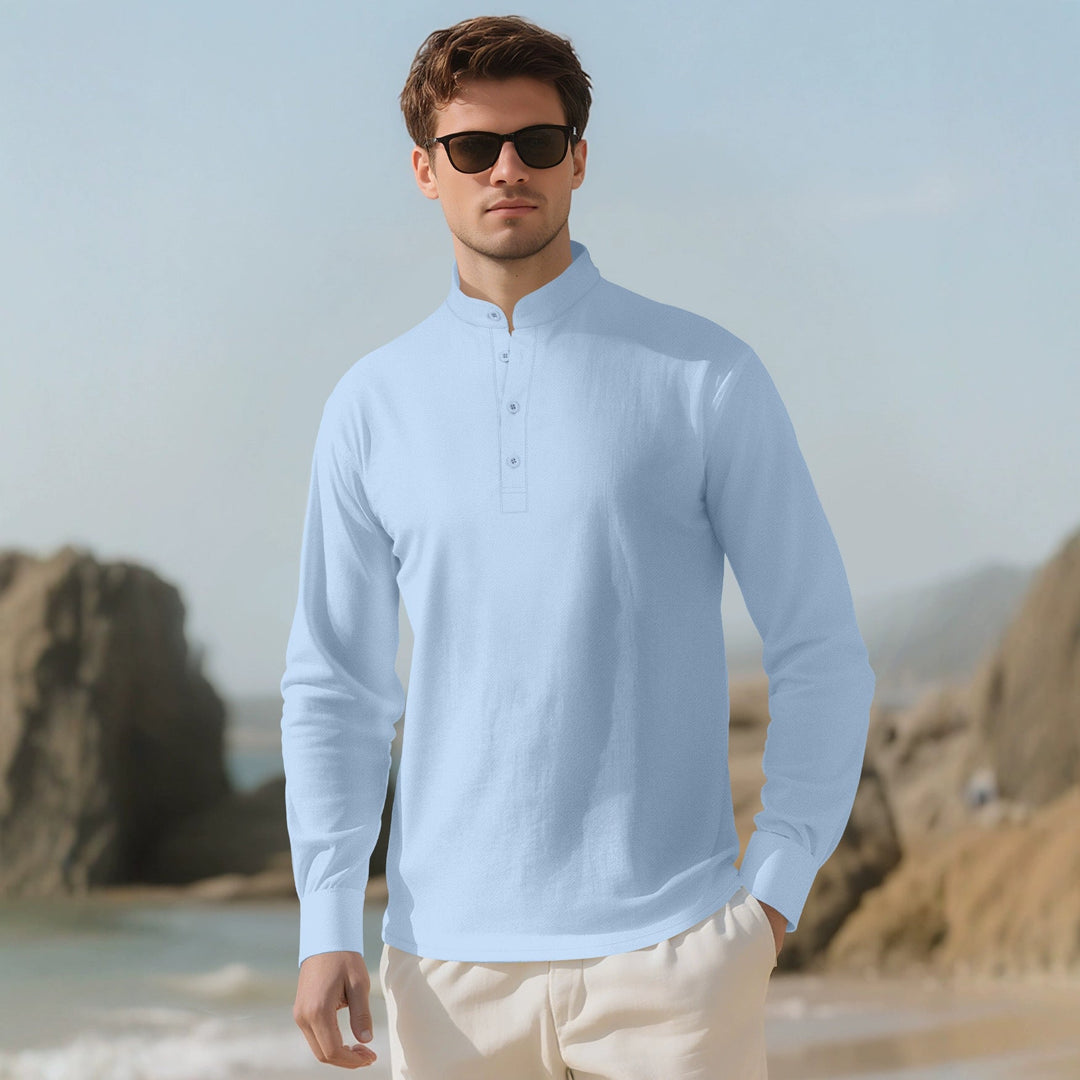 Herren nan Nehru-Kragen-Henley aus Baumwollstretch mit verdeckter Knopfleiste und schmaler Passform Drune
