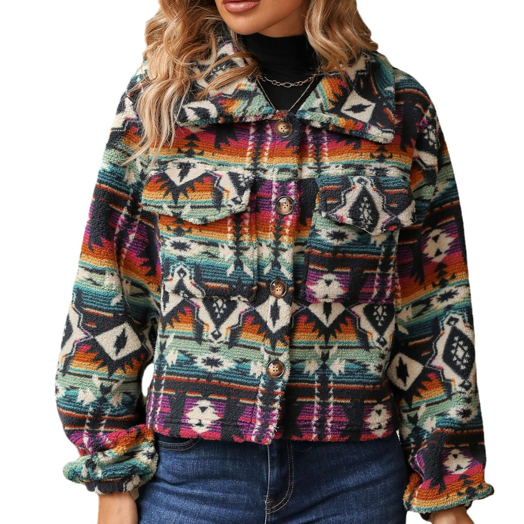 Damen Kuschelige Jacke im Boho-Stil mit buntem Muster Drune