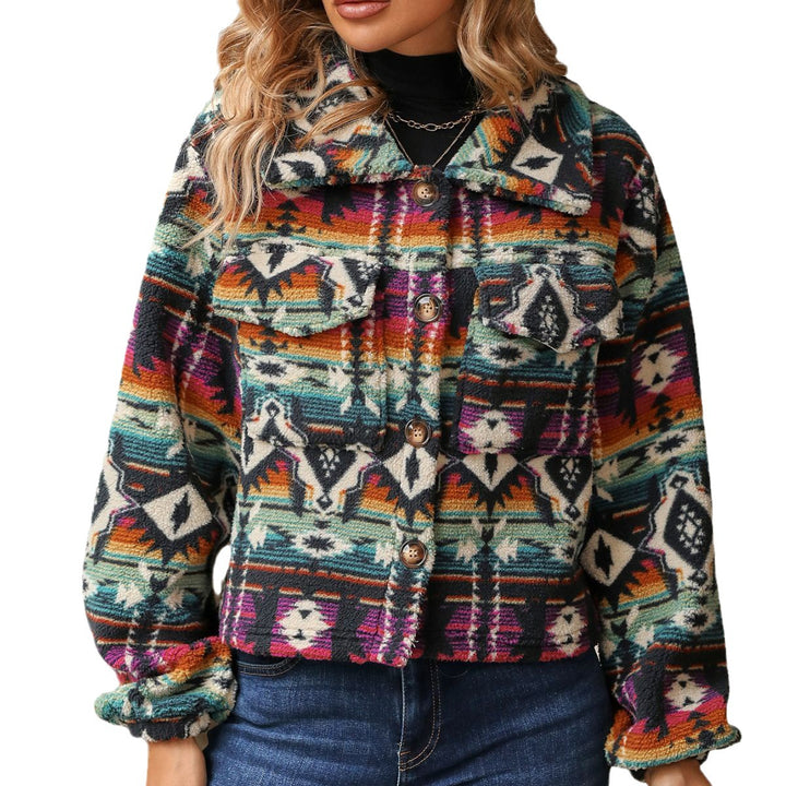 Damen Kuschelige Jacke im Boho-Stil mit buntem Muster Drune