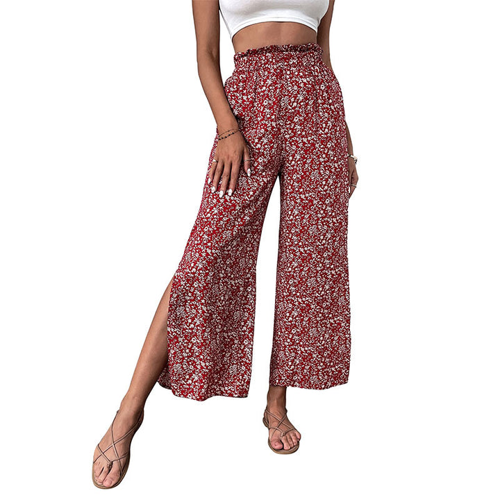 Damen Weite Palazzo-Hose mit floralem Muster und hohen Seitenschlitzen Drune