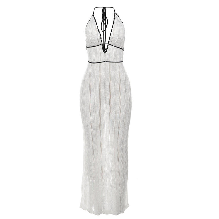 Damen Strick Maxikleid mit tiefem V-Ausschnitt und Bindebändern Drune