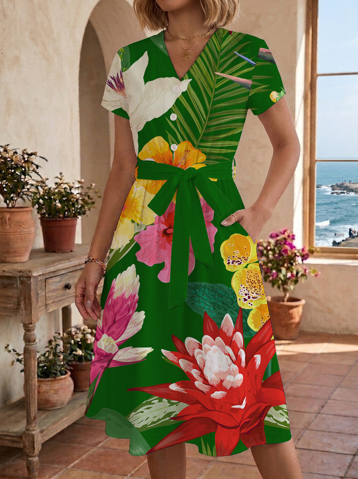 Damen Midikleid mit floralem Motiv und Taillengürtel Drune
