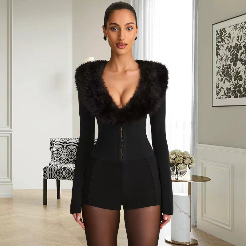 Damen Jumpsuit mit königlichem Fellkragen und figurbetontem Schnitt Drune