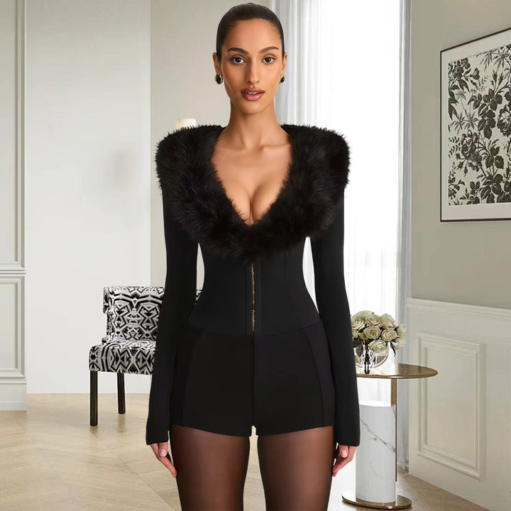 Damen Jumpsuit mit königlichem Fellkragen und figurbetontem Schnitt Drune