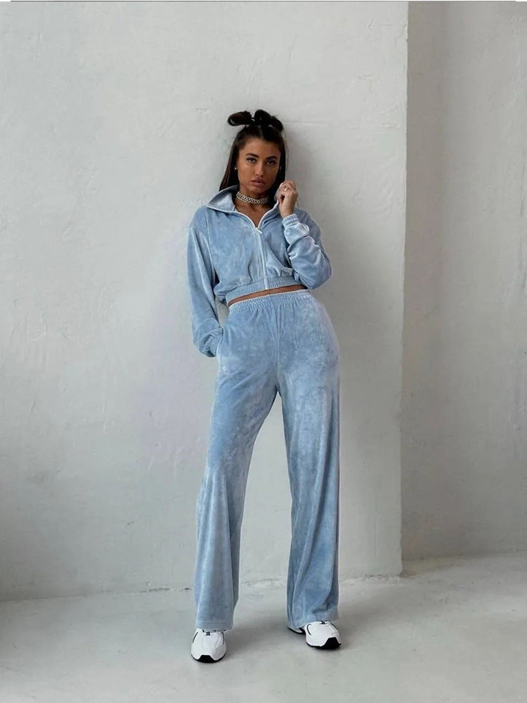 Damen nan Cropped Velours-Joggingset mit halbem Reißverschluss, gerafftem Komfortbund und breiten Bündchen Drune