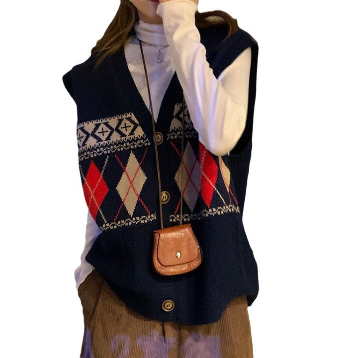 Damen Strickweste mit elegantem Rautenmuster und Knopfdetail Drune