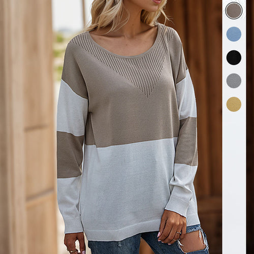 Damen lässiger Strickpullover mit modernem Blockdesign und hohem Rundhals Drune