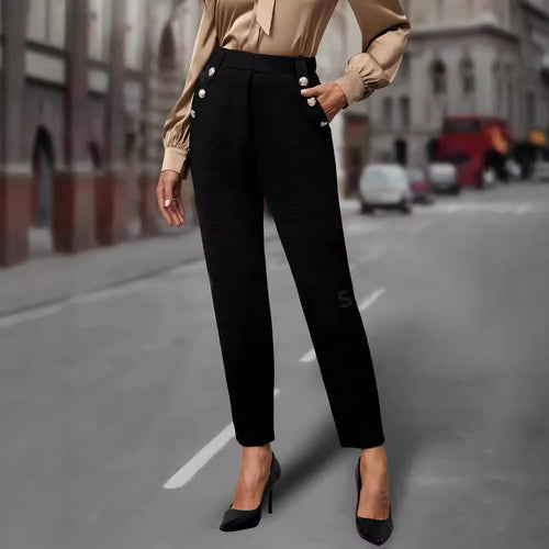 Damen elegante Anzughose mit doppeltem Knopfverschluss und schmalem Bein Drune