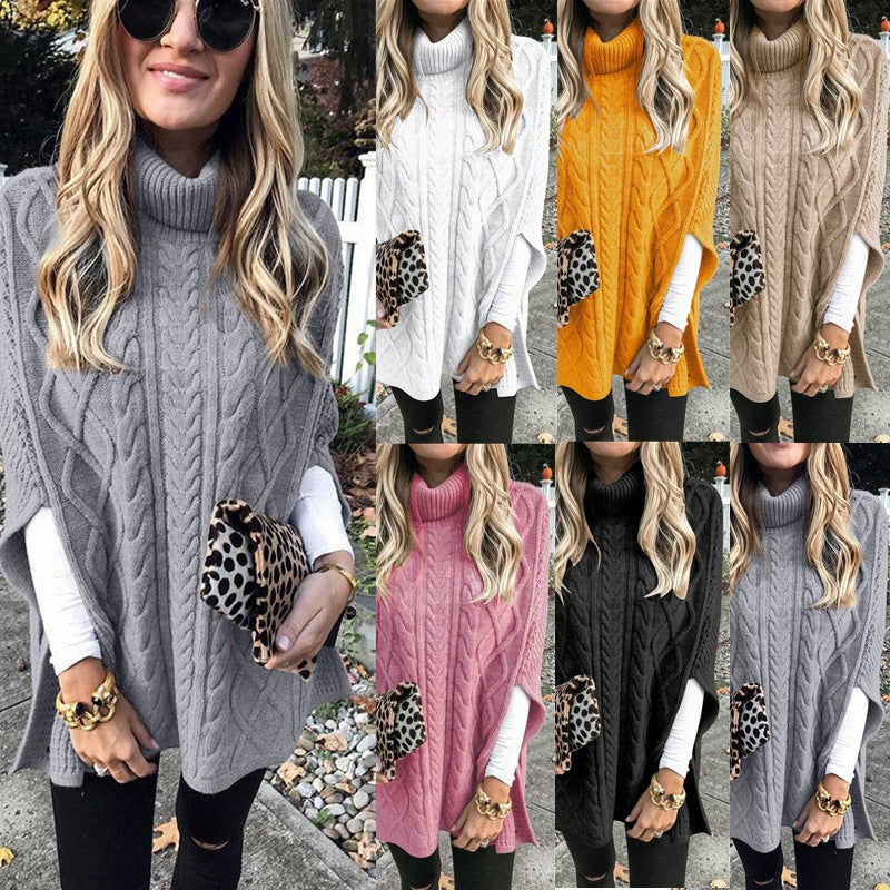 Damen Strickponcho mit hohem Kragen und dekorativem Zopfmuster Drune