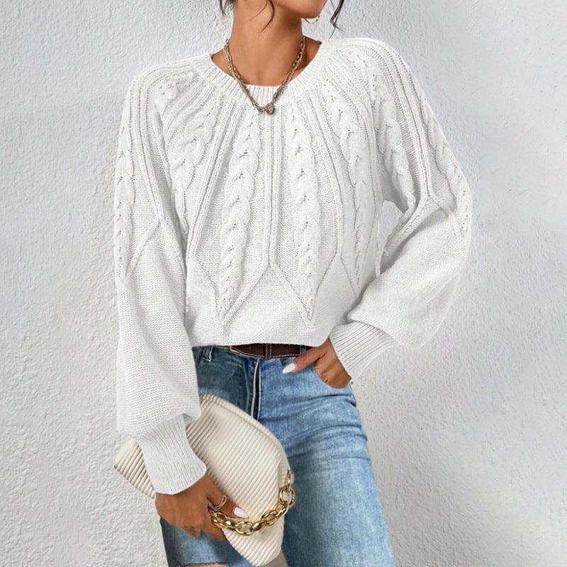 Damen nan kurzer Zopfmuster-Strickpullover mit Ballonärmeln und geripptem Saum Drune