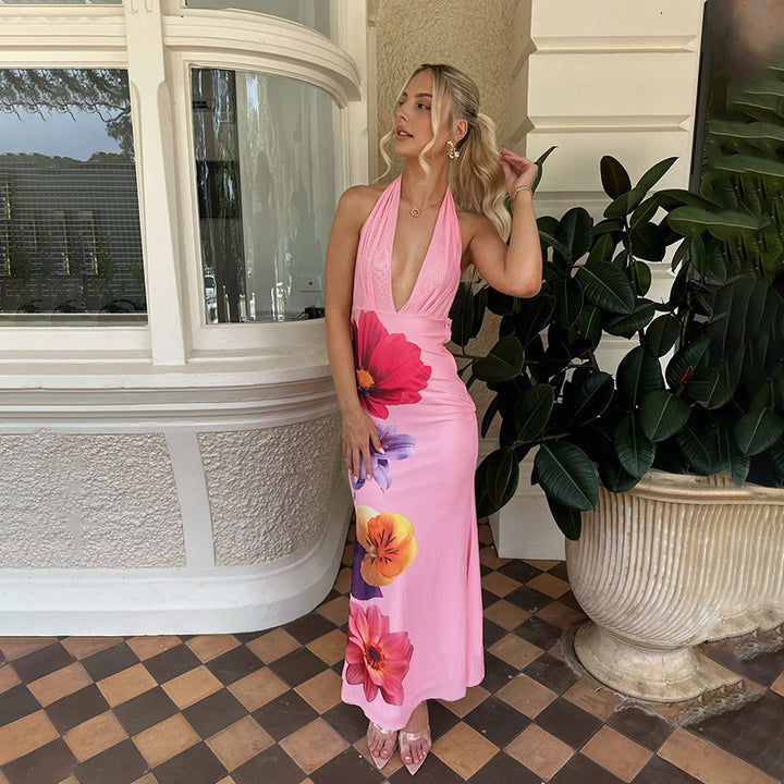 Damen Maxikleid mit tiefem V-Ausschnitt und floralen Akzenten Drune