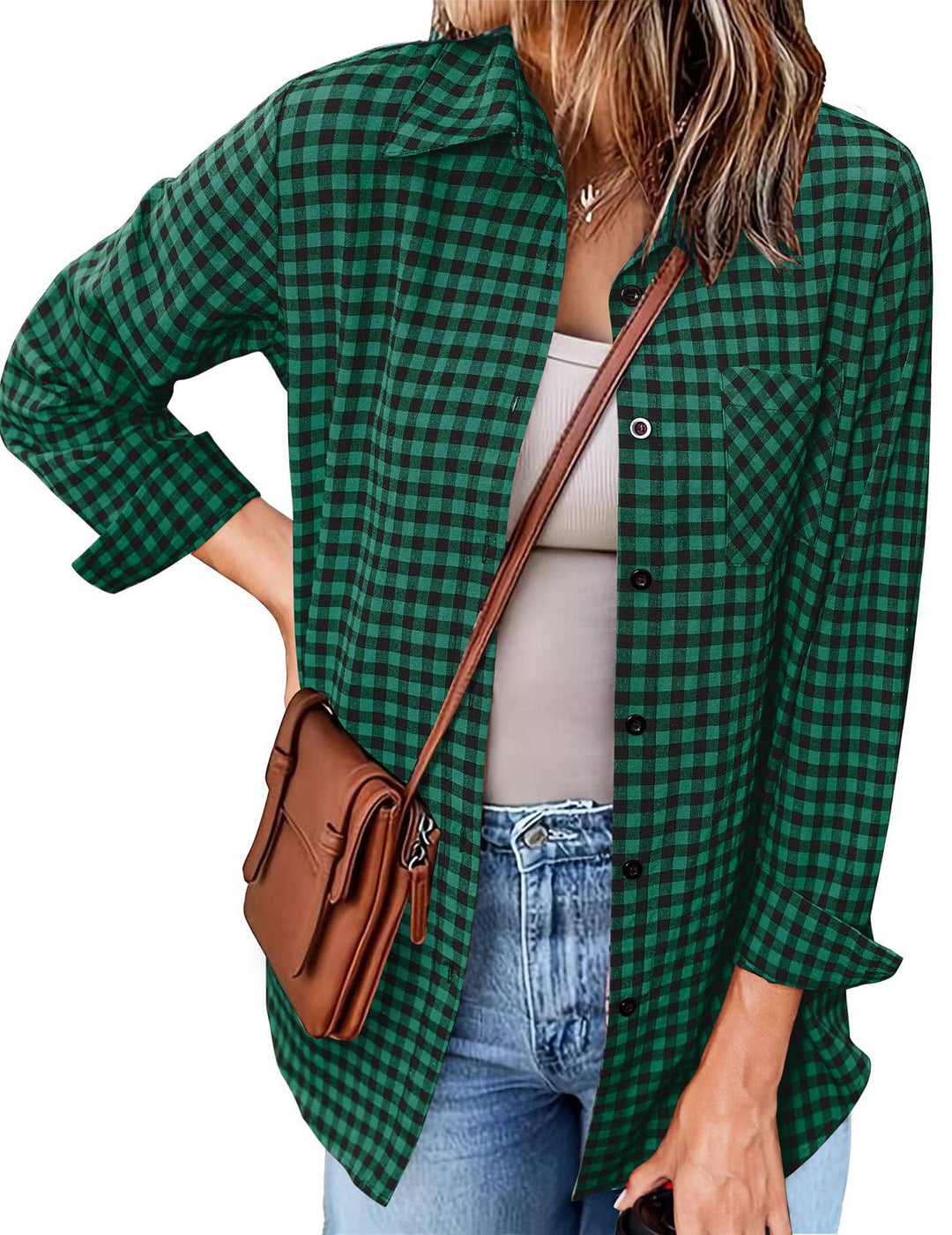 Femme Button-Up Gingham Check Shirt Drune