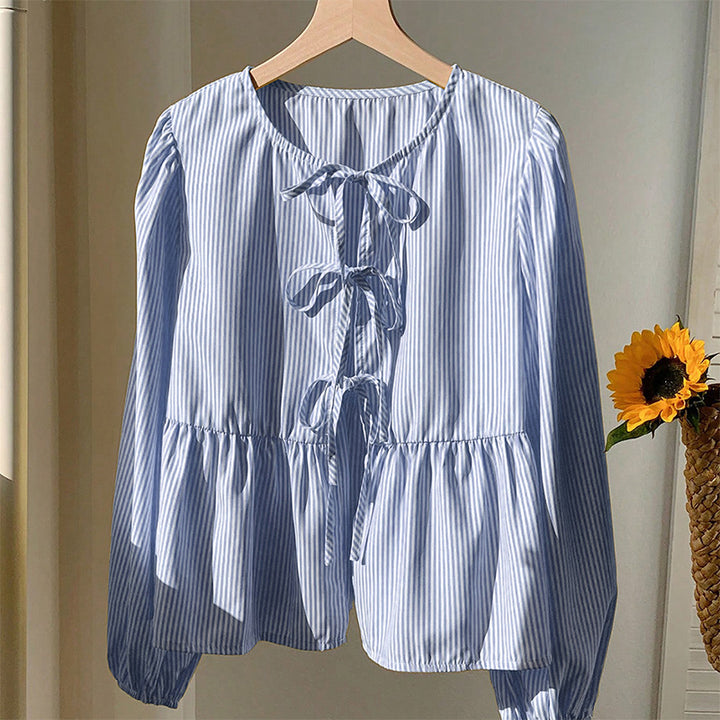Damen Bluse mit Rüschensaum und dekorativen Bindefäden Drune