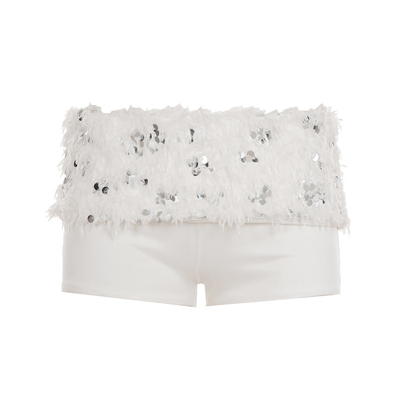 Damen Spitzen-Crop-Top mit glitzernden Pailletten Drune