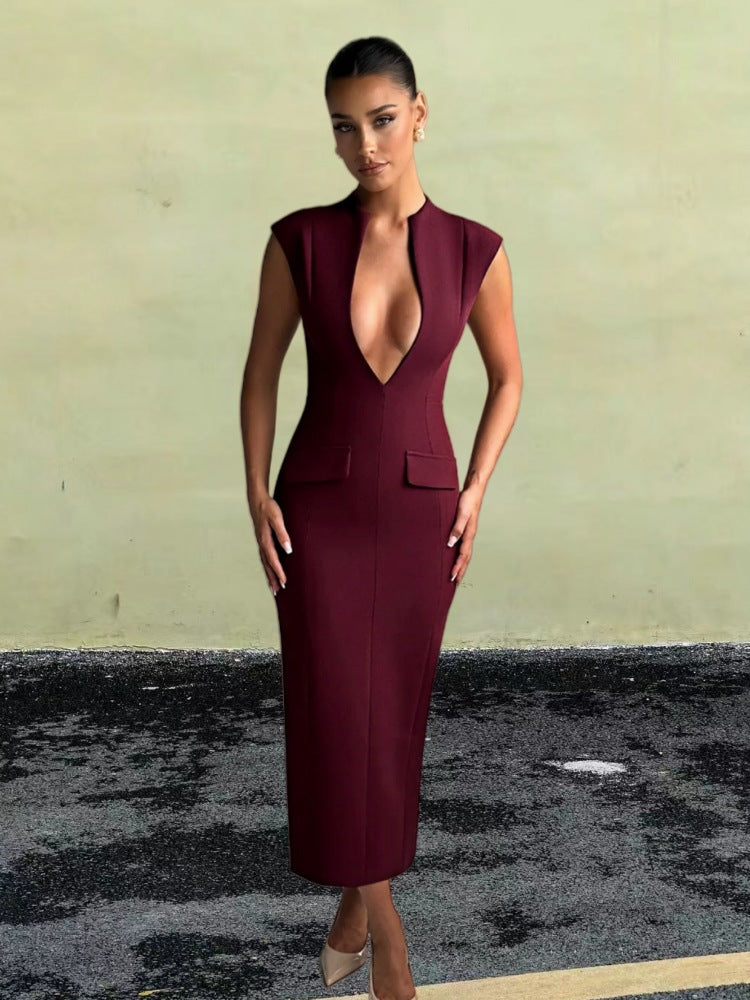 Damen elegantes Figurbetontes Kleid mit tiefem V-Ausschnitt und praktischen Taschen Drune
