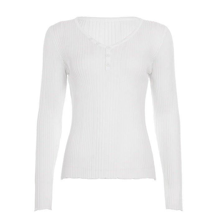 Damen nan feinstrukturierter Rippstrick-Longsleeve mit V-Ausschnitt, Henley-Knopfleiste und taillierter Passform Drune