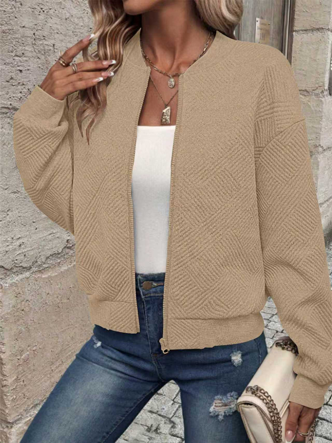 Damen modische Sweatjacke mit strukturiertem Design und Reißverschluss Drune