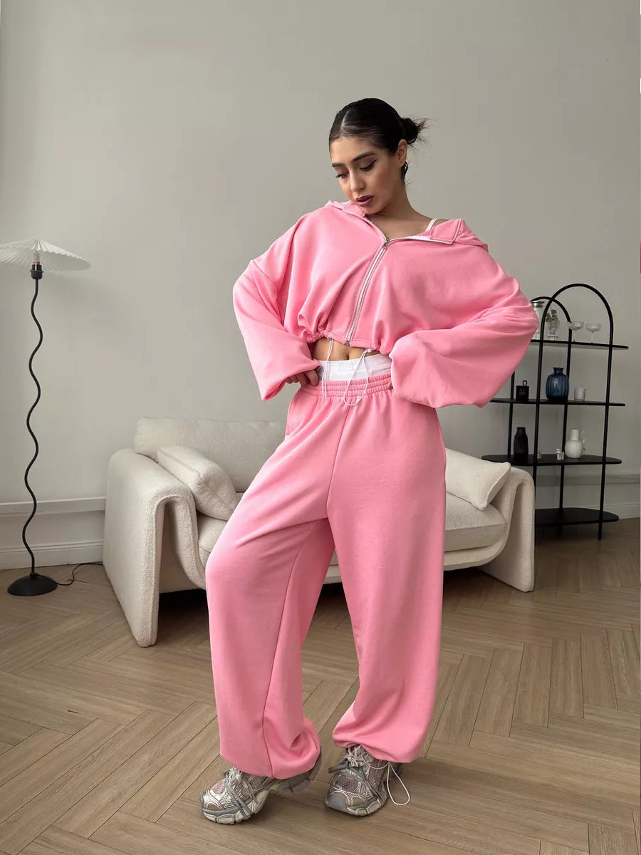 Damen nan cropped Reißverschluss-Hoodie mit Tunnelzugsaum und weitem Sweatpants-Schnitt Drune