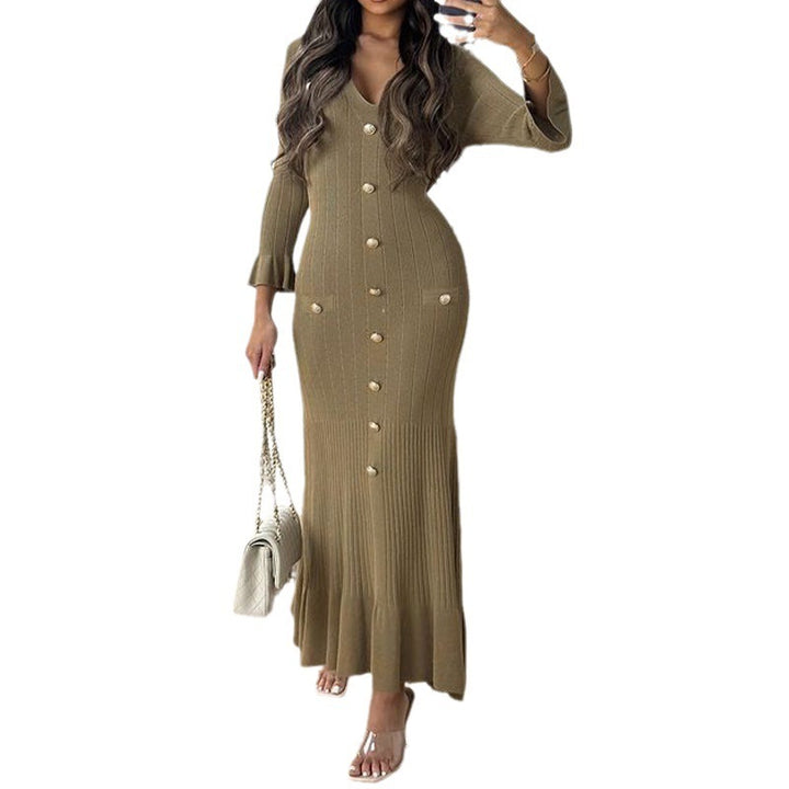 Damen Maxikleid mit elegantem Knopf-Design und raffiniertem Rippstrick Drune
