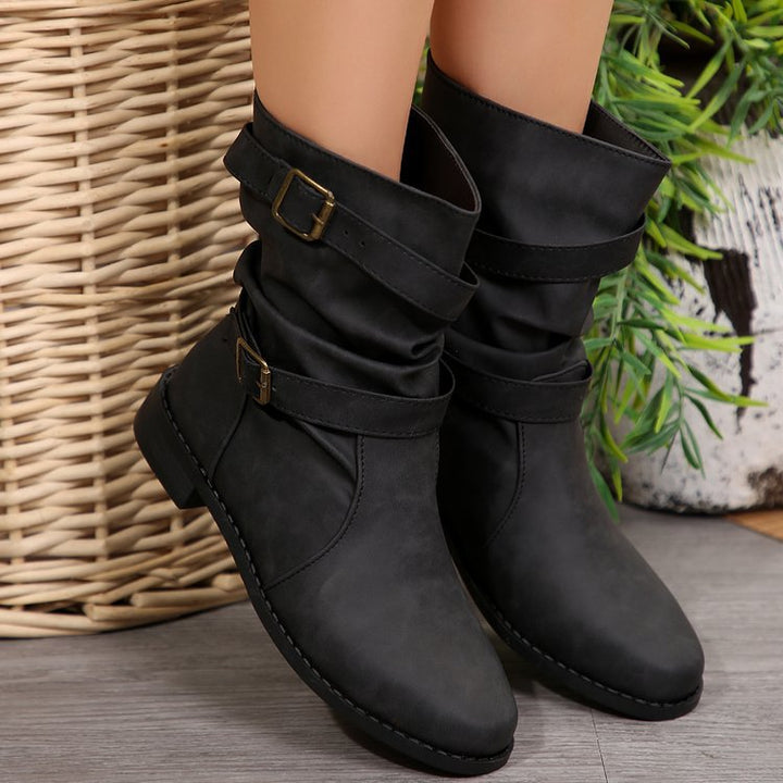 Damen nan lässige Slouch-Ankleboots mit zwei Zier-Riemen und dekorativen Metallschnallen Drune