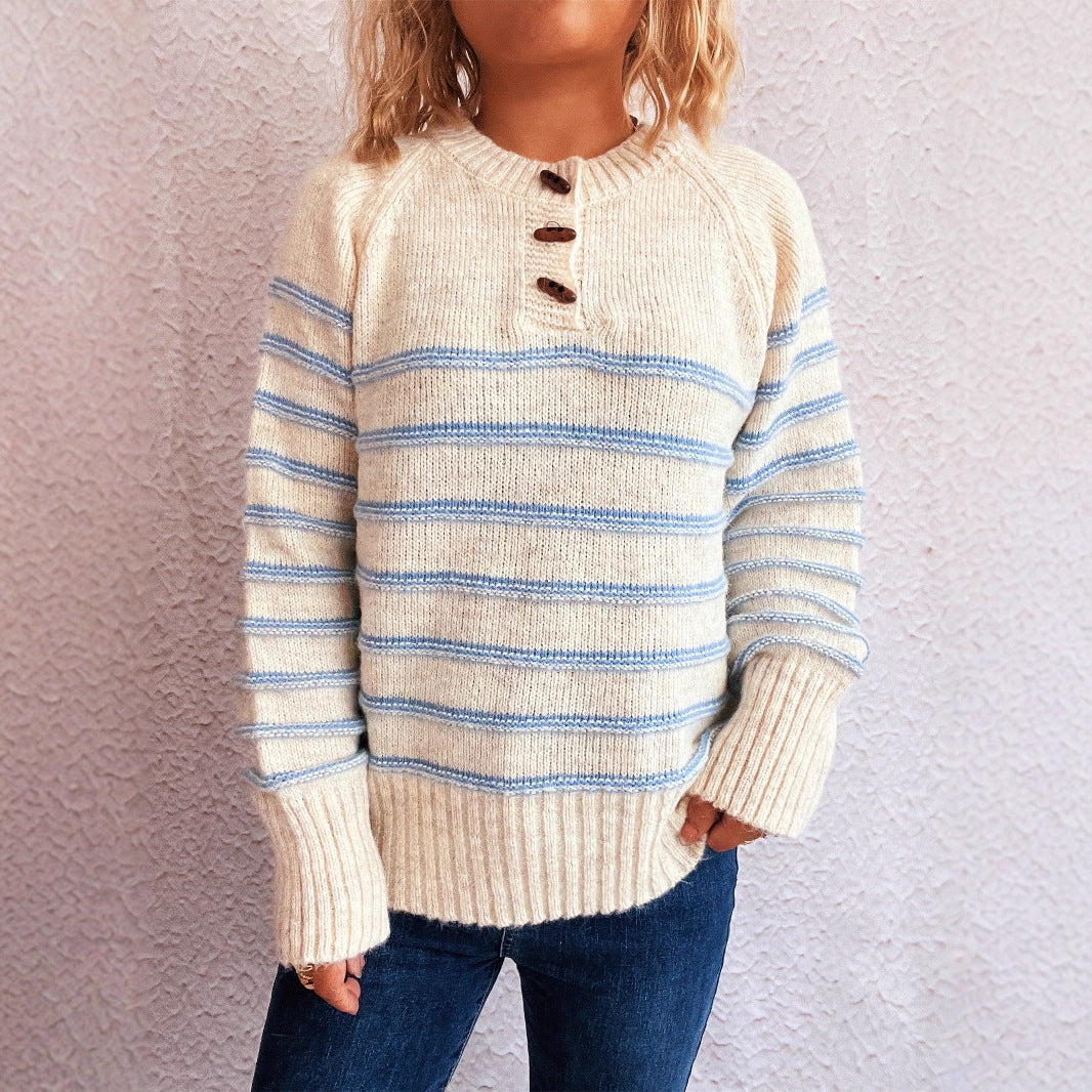 Damen gemusterter Strickpullover mit Knopfdetails und weitem Hals Drune