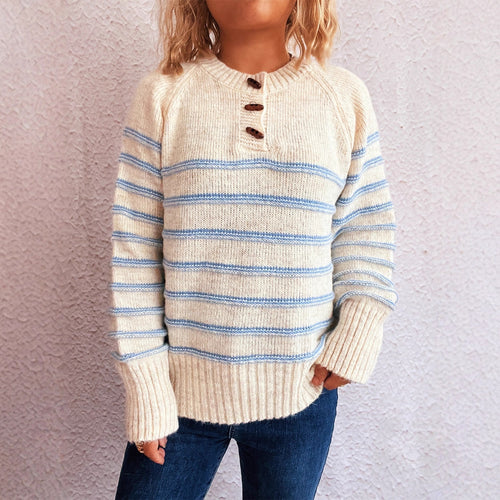 Damen gemusterter Strickpullover mit Knopfdetails und weitem Hals Drune