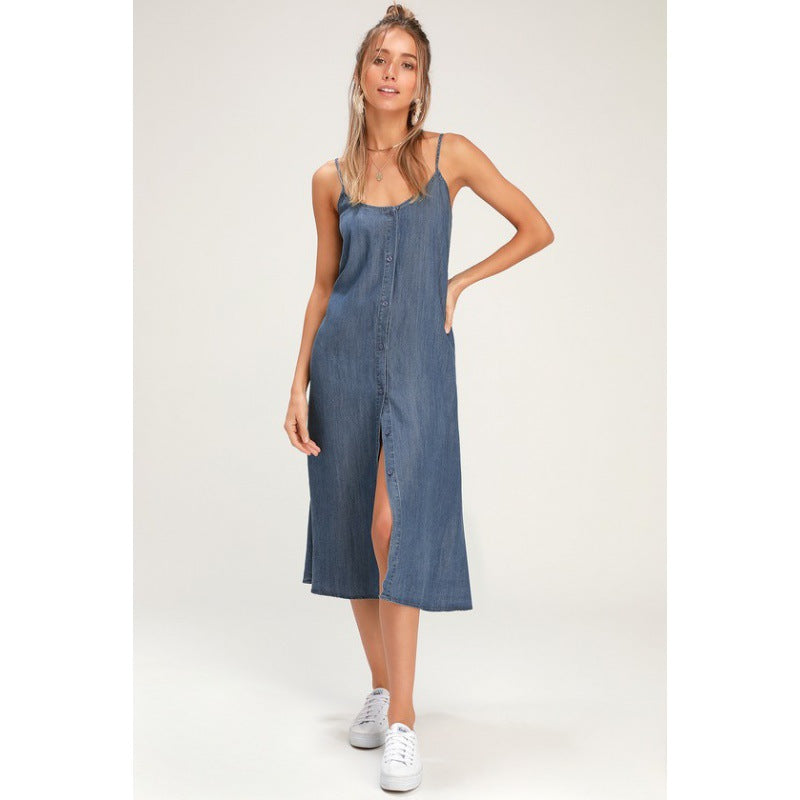 Damen lässiges Midi-Kleid mit Knopfleiste und Spagettiträgern Drune