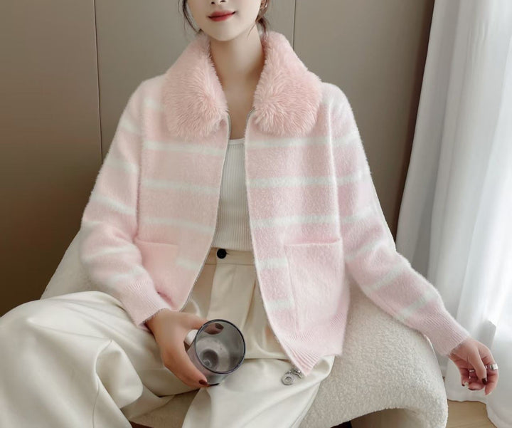 Damen kuschelige Strickjacke mit weich gefüttertem Kragen Drune