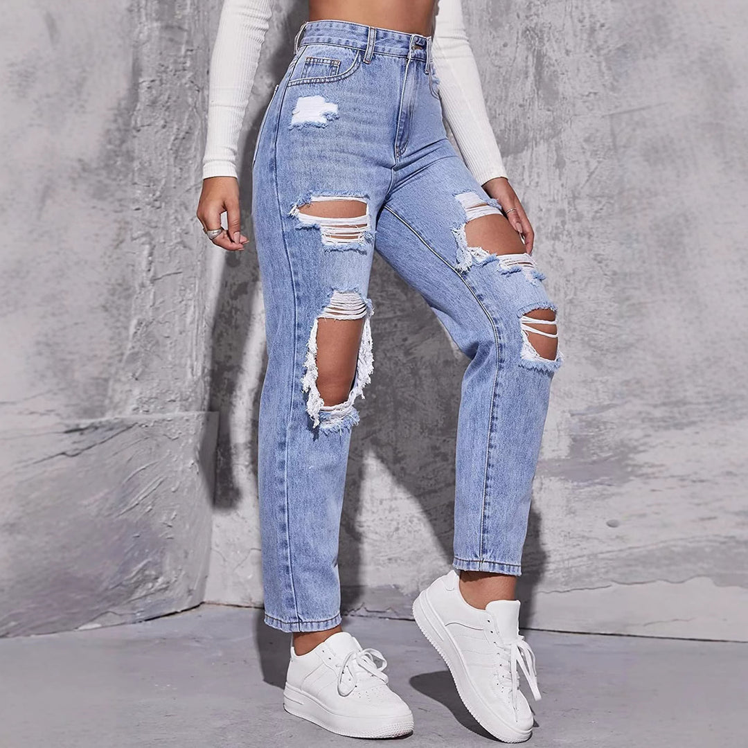 Damen High-Waist Destroyed Jeans im modernen Relaxed-Fit-Stil Drune
