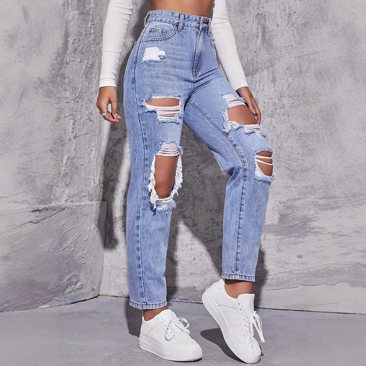 Damen High-Waist Destroyed Jeans im modernen Relaxed-Fit-Stil Drune