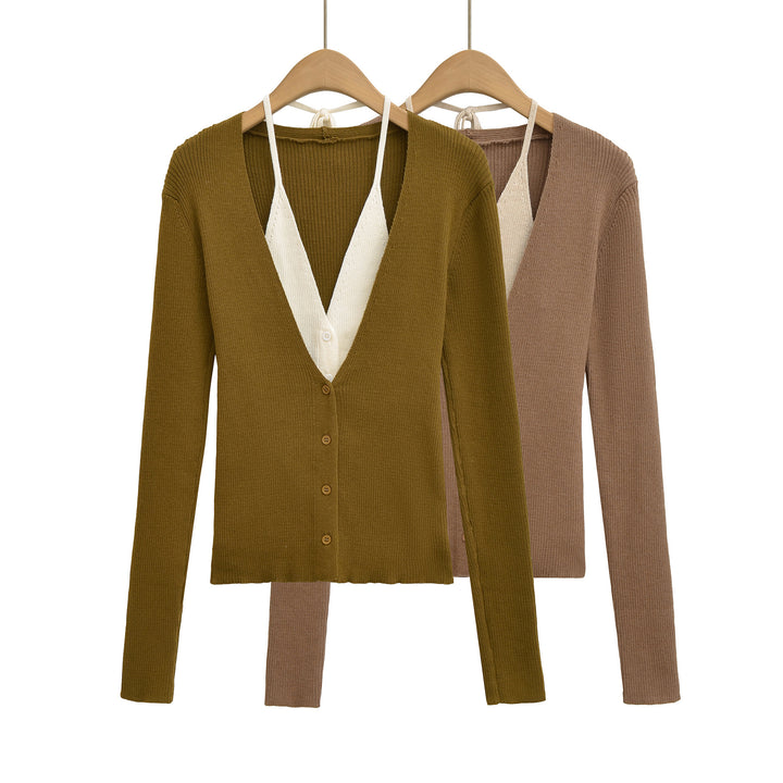 Damen eleganter Strick-Cardigan mit tiefem V-Ausschnitt und kontrastierendem Innenfutter Drune