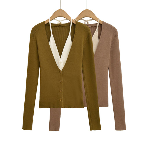 Damen eleganter Strick-Cardigan mit tiefem V-Ausschnitt und kontrastierendem Innenfutter Drune