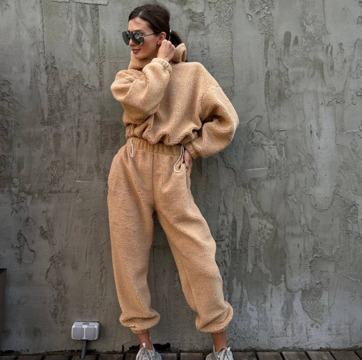 Damen Flauschiger Jumpsuit mit Kapuze und Gummizug Drune