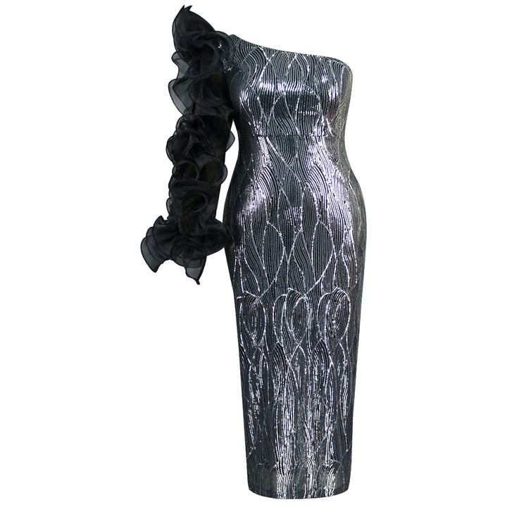 Damen Glitzerndes Abendkleid mit asymmetrischem Schnitt und voluminösen Rüschendetails Drune