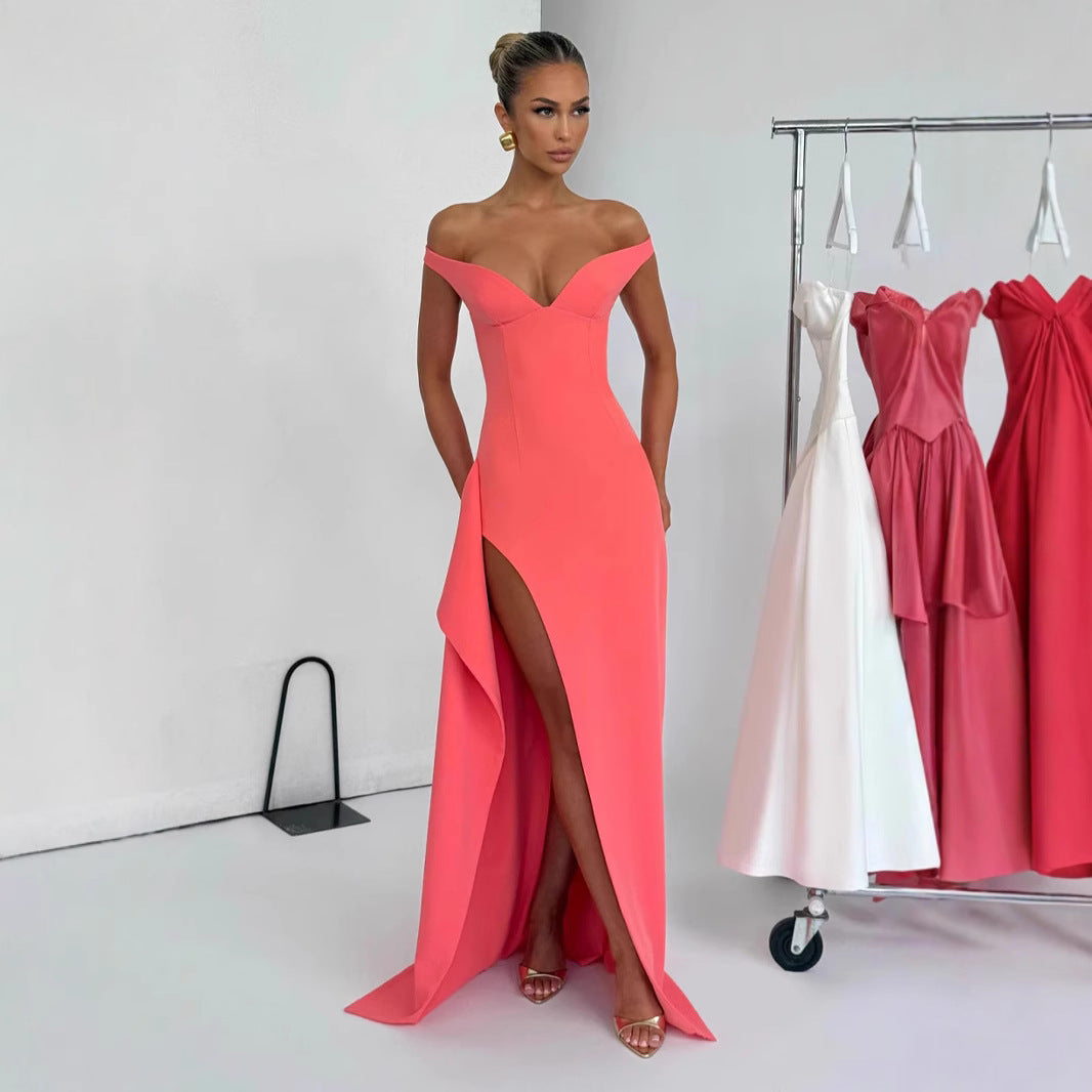 Damen Elegantes Maxikleid mit schulterfreiem Design und hohem Schlitz Drune