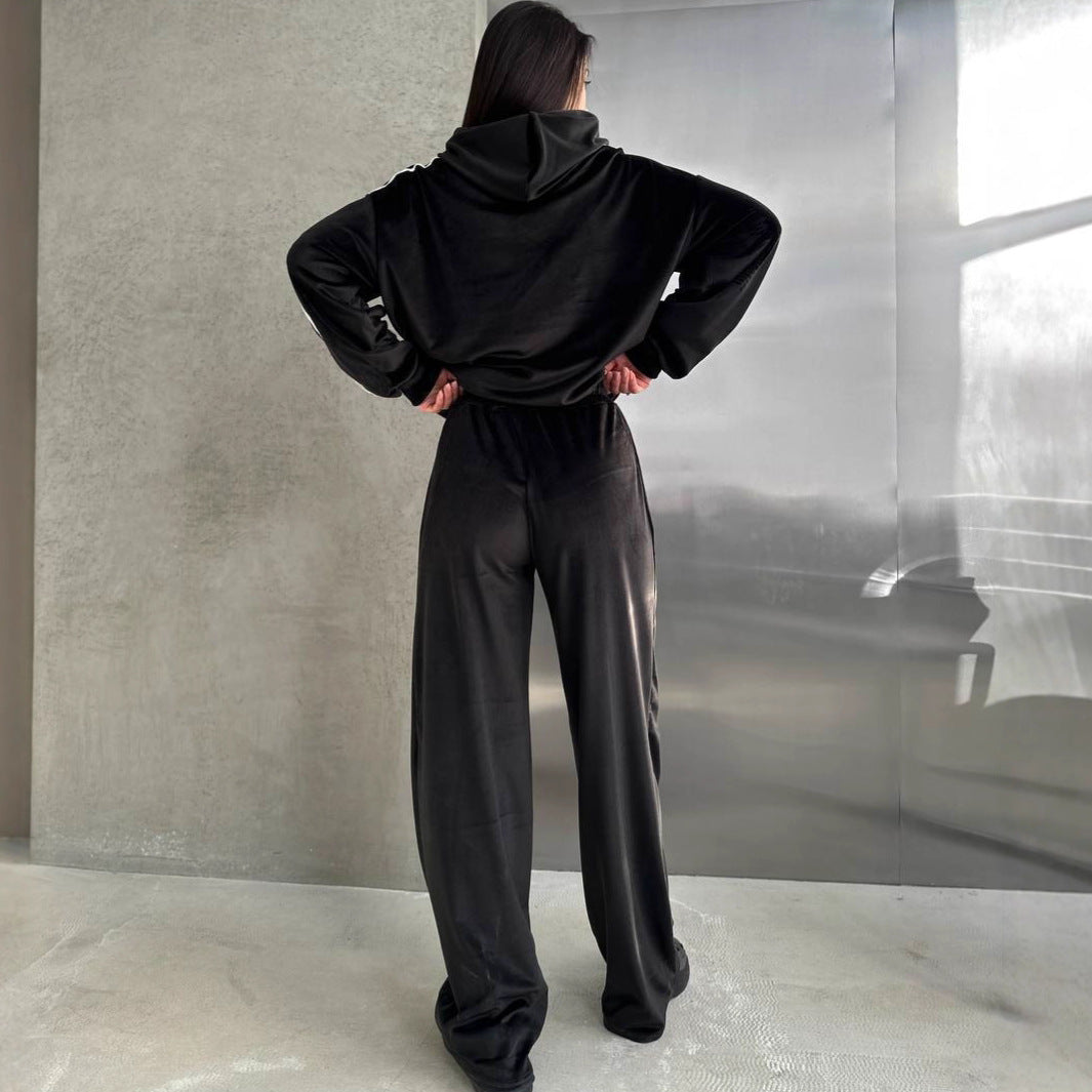 Damen Velvet-Hoodie und weite Hose Set Drune