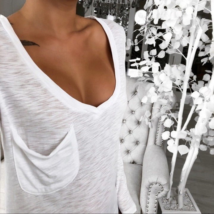 Damen Lässiges Langarmshirt mit tiefem V-Ausschnitt und Brusttasche Drune
