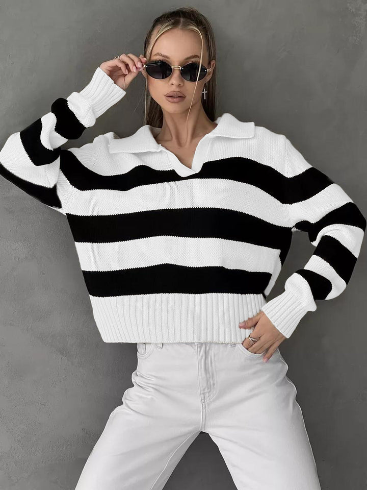 Damen Oversized Pullover mit klassischem Kragen und gestreiftem Design Drune