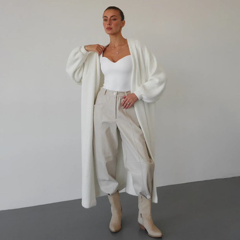 Damen Langer, eleganter Morgenmantel aus weicher Wolle mit Gürtel und oversized Schnitt Drune