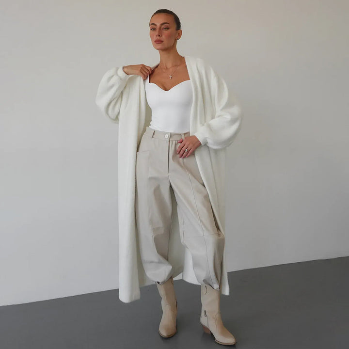 Damen Langer, eleganter Morgenmantel aus weicher Wolle mit Gürtel und oversized Schnitt Drune
