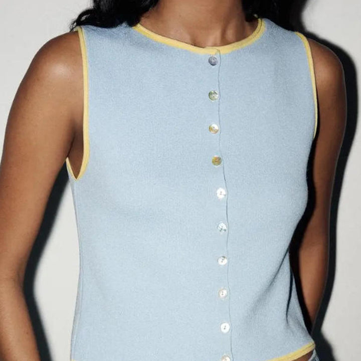 Damen ärmelloses Strickoberteil mit dekorativen Knopfdetails Drune