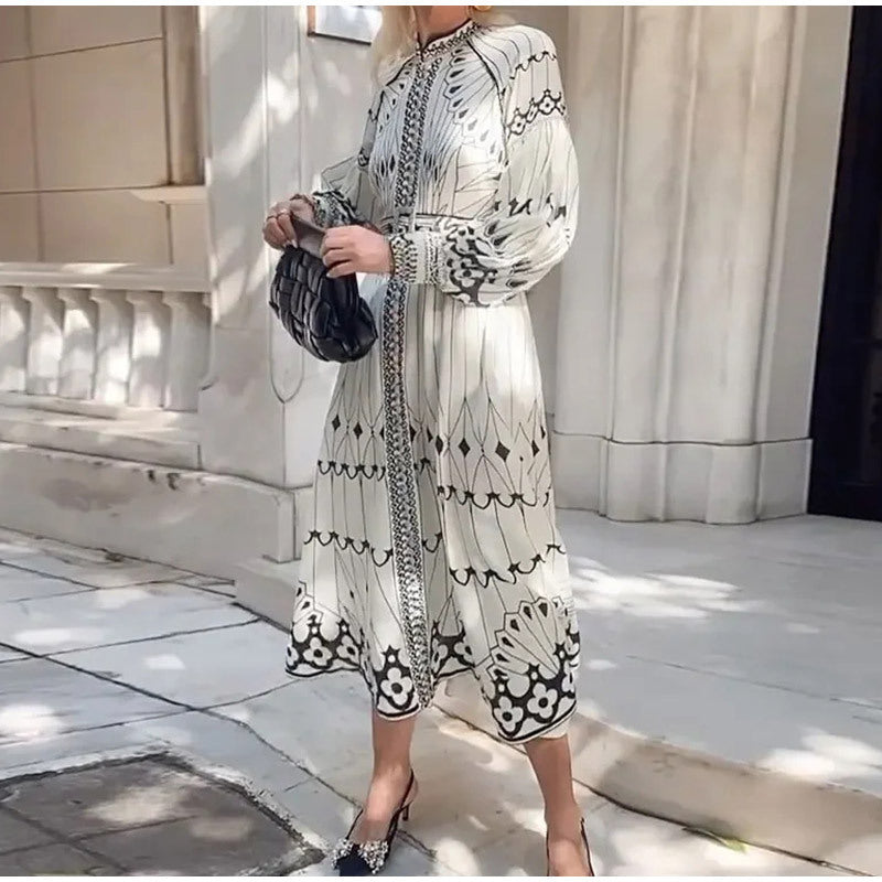 Damen Elegantes Hemdkleid mit grafischem Muster und schwingenden Ärmeln Drune