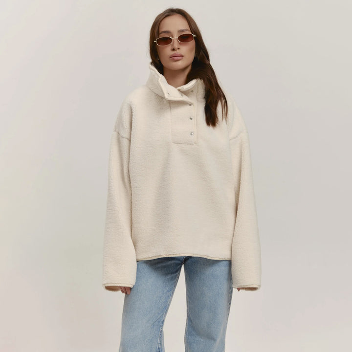 Damen Kuschelige Oversized Fleecejacke mit Stehkragen und Druckknöpfen Drune
