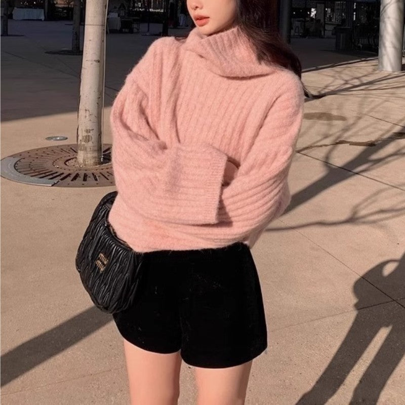 Damen modischer Rollkragenpullover mit Rippstruktur und weitem Schnitt Drune