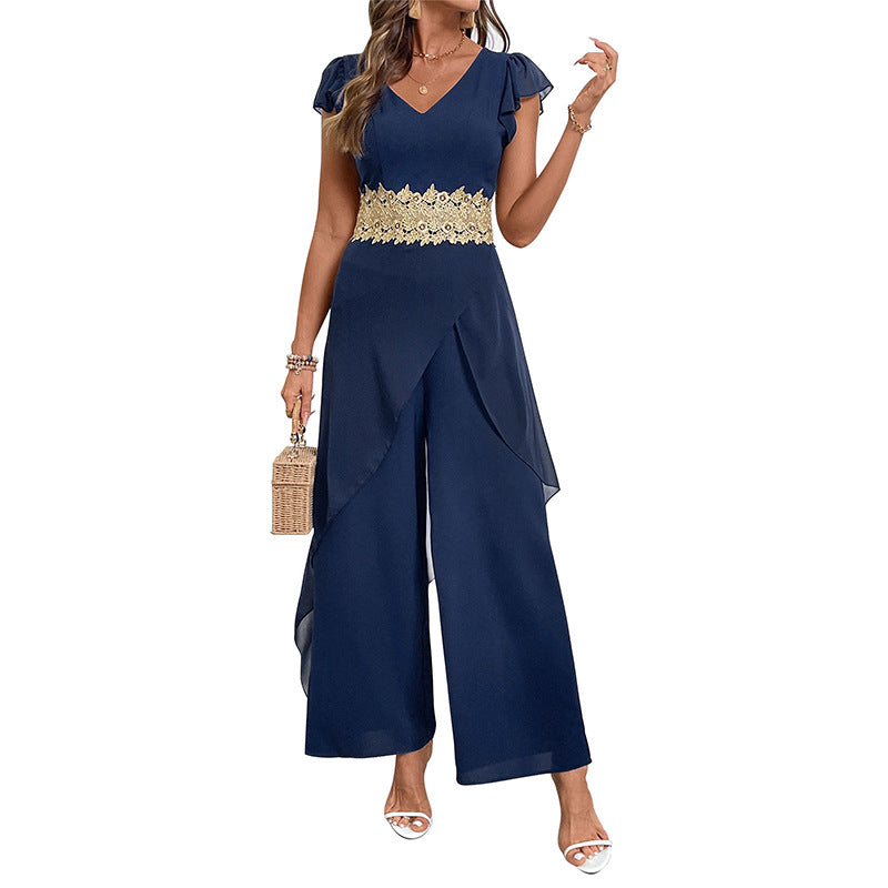 Damen eleganter Jumpsuit mit floralen Spitzenakzenten und weichem Schnitt Drune