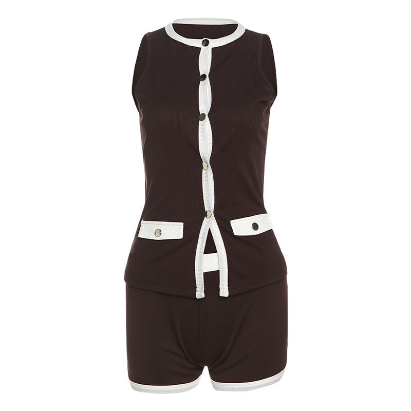 Damen Sportliches Outfit mit Leopardenmuster und Knopfdetaillierung Drune