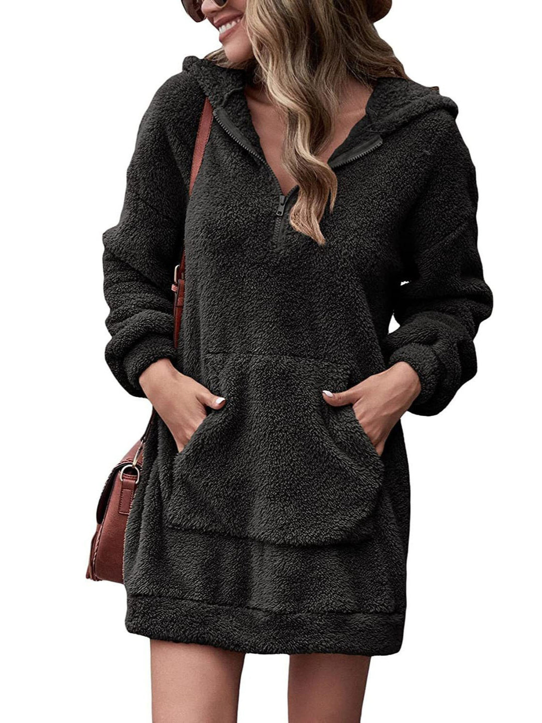 Damen Kuscheliger Hoodie-Kleid mit praktischen Taschen und halben Reißverschluss Drune